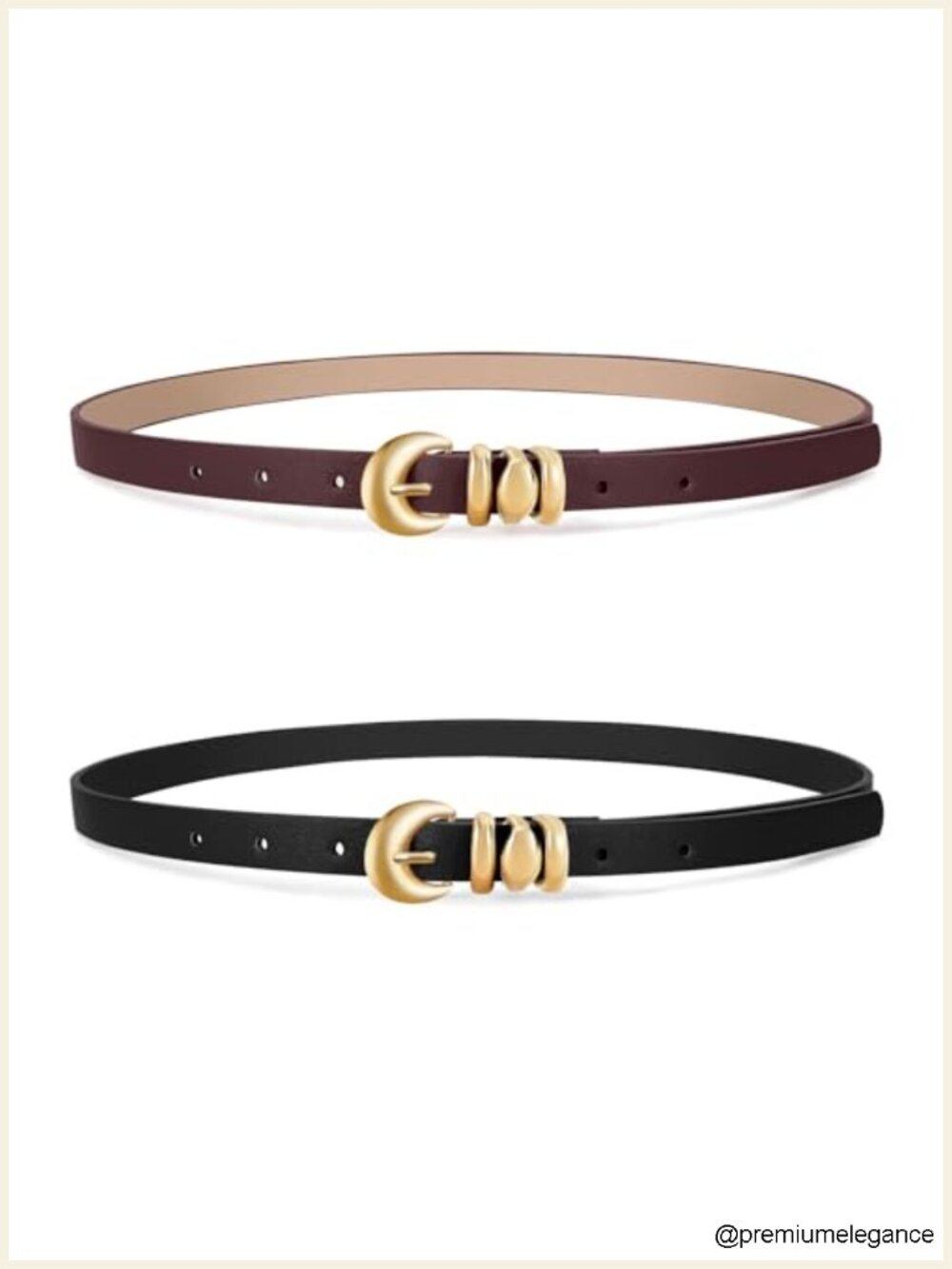 Women's Skinny Belts - 2 Pack, Thin Faux Leather Belts with Gold Buckle